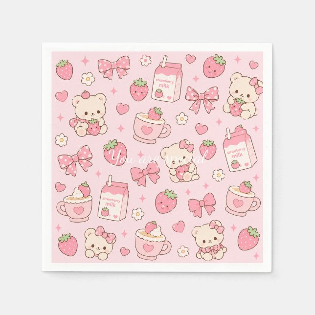 Servilleta De Papel Cute Kawaii Teddy Bear Strawberry Pattern Sticker  (Anverso)