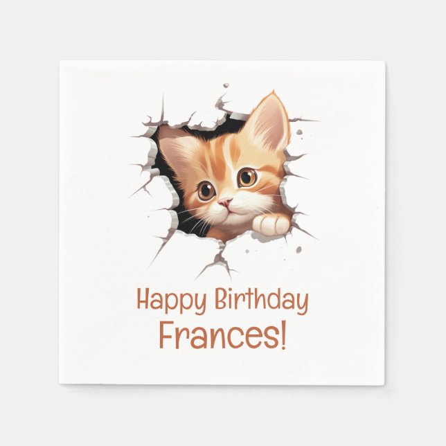 Servilleta De Papel Cute Kitten Peeking Happy Birday (Anverso)