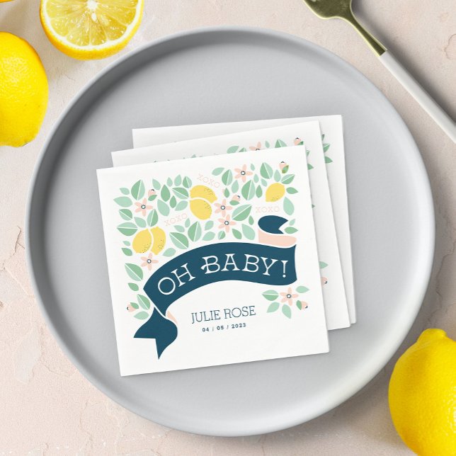Servilleta De Papel Cute Lemon Yellow Botaned Fun Baby Shower (Cute Lemon Yellow Botanical Bold Baby Shower napkin)