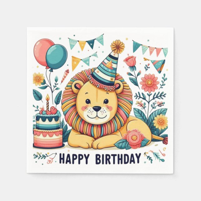 Servilleta De Papel Cute León Feliz Cumpleaños Sombrero de Fiesta (Anverso)
