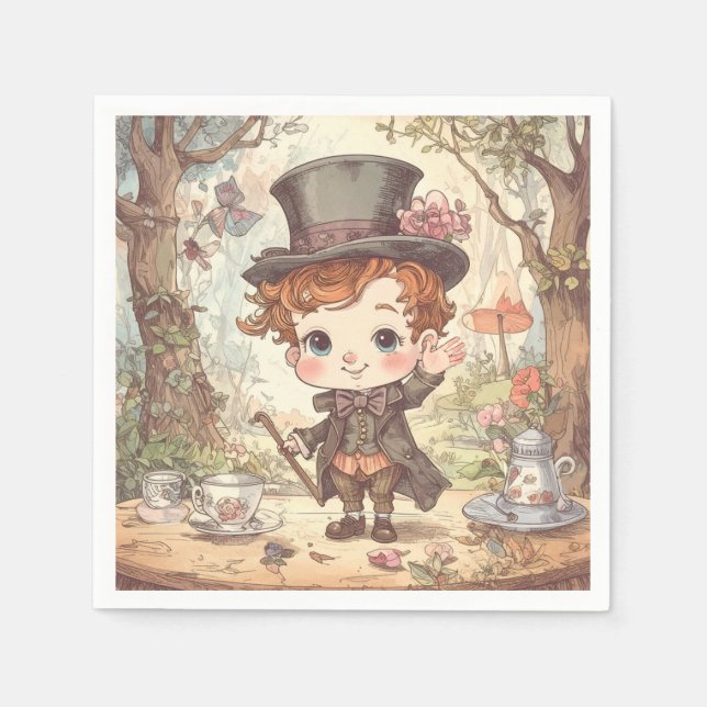 Servilleta De Papel Cute Mad Hatter Whimsical Wonderland Woodland Art (Anverso)