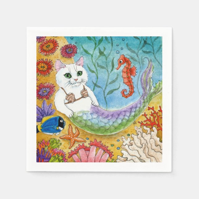 Servilleta De Papel Cute mermaid white cat mercat party napkins (Anverso)