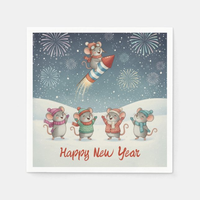 Servilleta De Papel Cute Mice Happy New Year Fireworks (Anverso)