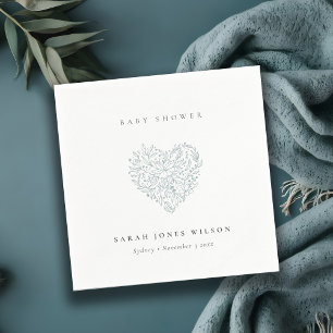 Servilleta De Papel Cute Minimal Dusky Blue Floral Heart Baby Shower