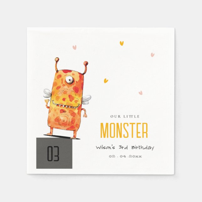 Servilleta De Papel Cute Naranja Amarillo Monstruo Oído Niños Cumpleañ (Anverso)