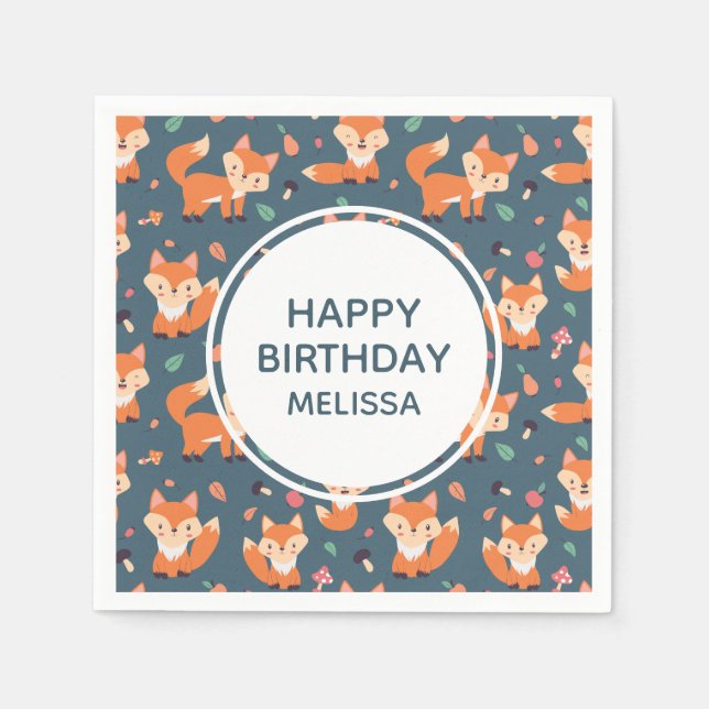 Servilleta De Papel Cute Naranja Fox Pattern Feliz cumpleaños (Anverso)