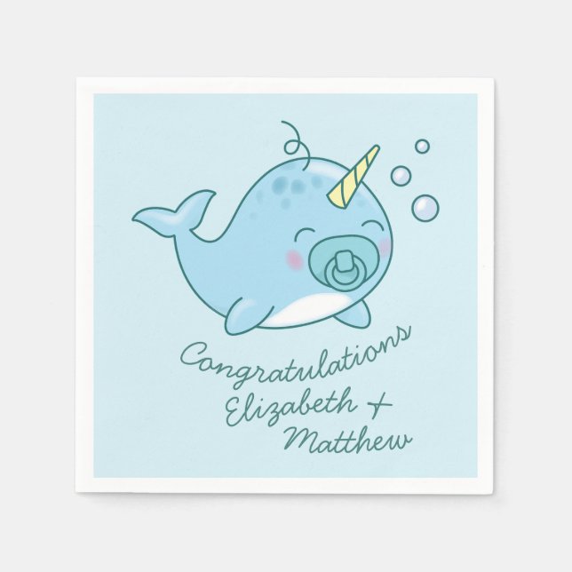 Servilleta De Papel Cute Narwhal Baby Shower Kawaii Blue Boy (Anverso)