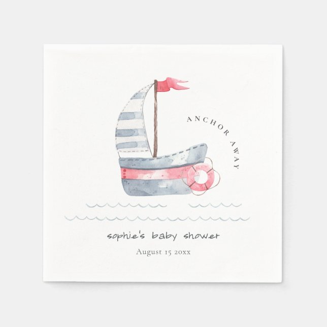 Servilleta De Papel Cute Nautical Pastel Red Blue Sailboat Baby Shower (Anverso)
