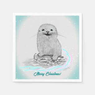 Servilleta De Papel Cute Nutria Marina Blanca Bebé , Feliz Navidad