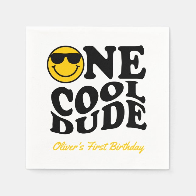 Servilleta De Papel Cute One Guay Dude Retro Happy Face 1º cumpleaños (Anverso)