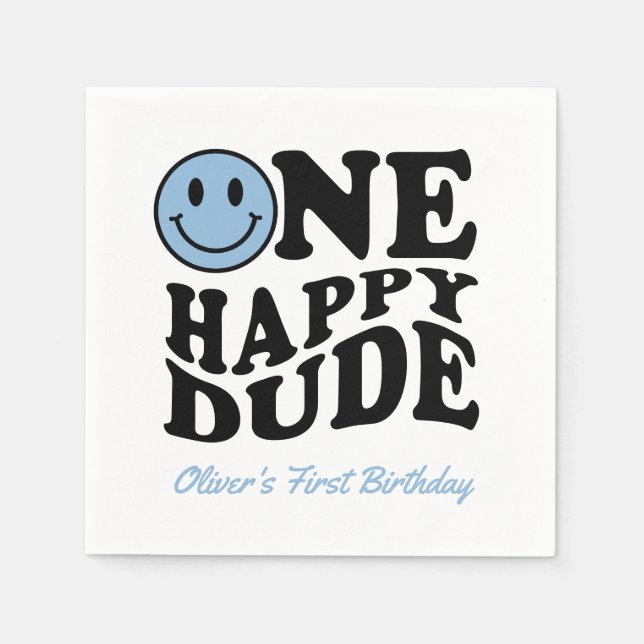 Servilleta De Papel Cute One Happy Dude Blue Happy Face 1º cumpleaños (Anverso)