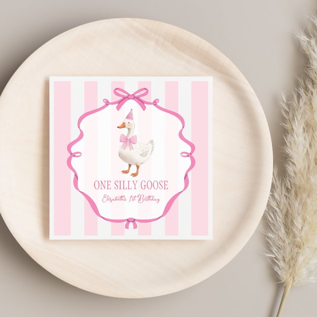 Servilleta De Papel Cute One Silly Goose Lazo Rosa Primer Cumpleaños (Cute One Silly Goose Pink Bow First Birthday Napkins)