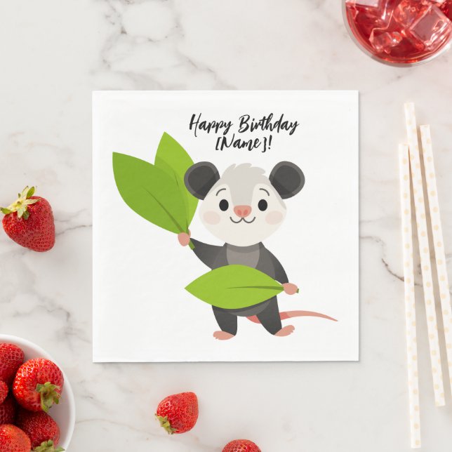 Servilleta De Papel Cute Opossum Green Leaves & Happy Birthday (In situ)