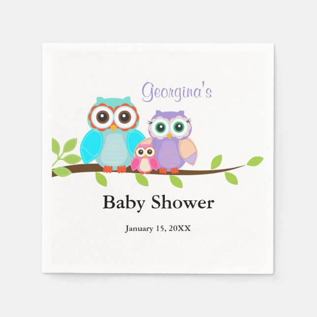 Servilleta De Papel Cute Owl Family Chica Baby Shower Napkins (Anverso)