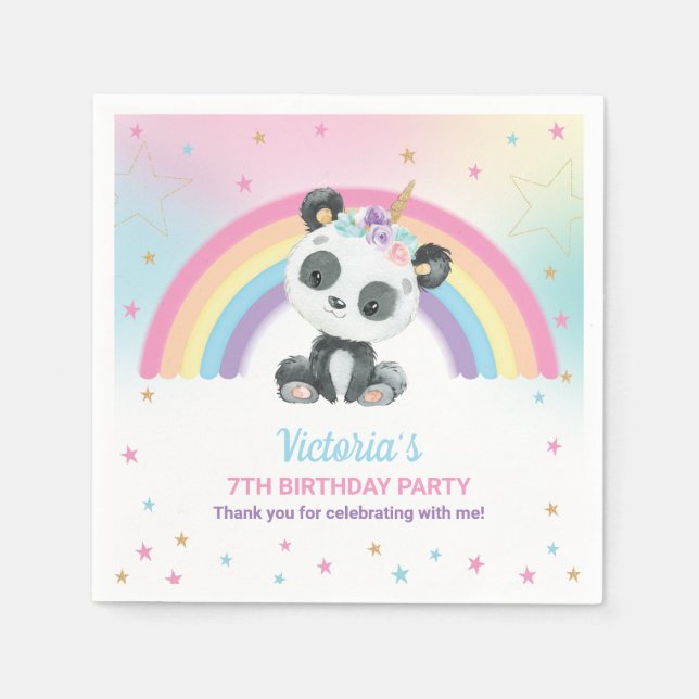 Servilleta De Papel Cute Pandacorn Panda Birthday Party Rainbow (Anverso)