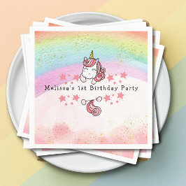 Servilleta De Papel Cute Pastel Unicorn & Rainbow First Birthday 