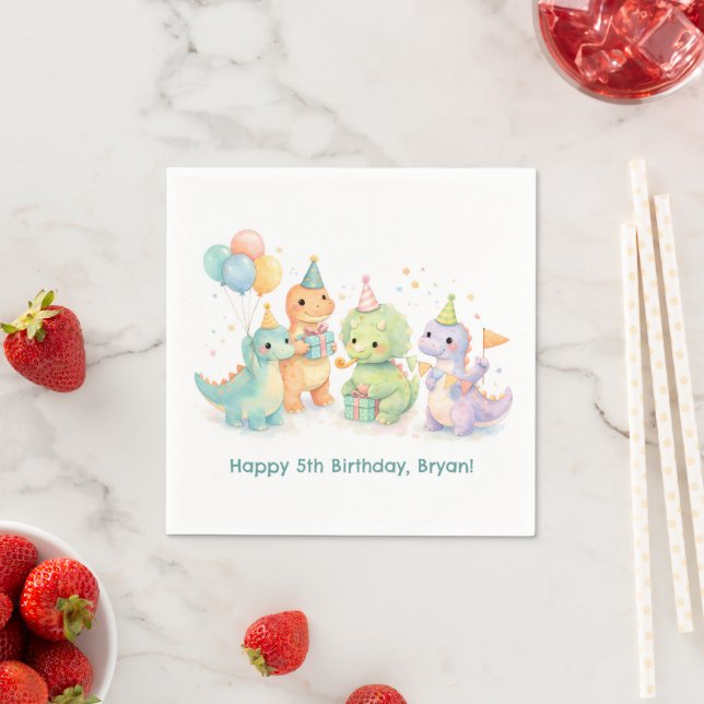 Servilleta De Papel Cute Pastel Watercolor Dinosaurs Birthday (In situ)