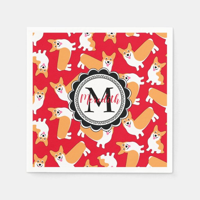 Servilleta De Papel Cute Pembroke Welsh Corgi Monograma Rojo (Anverso)