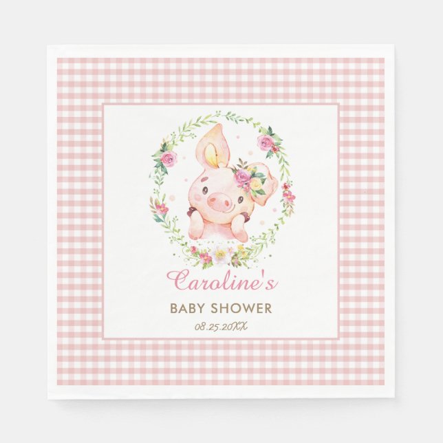 Servilleta De Papel Cute Pig Pink Floral Baby Shower Birthday Gingham (Anverso)