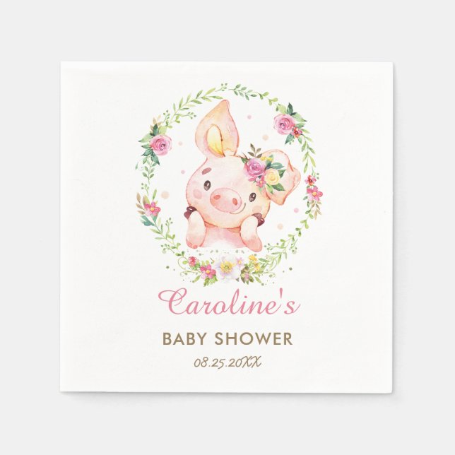 Servilleta De Papel Cute Piggy Pig Pink Floral Baby Shower Cumpleaños (Anverso)
