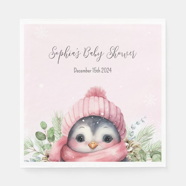 Servilleta De Papel Cute pingüino rosado Chica Baby Shower Napkins (Anverso)