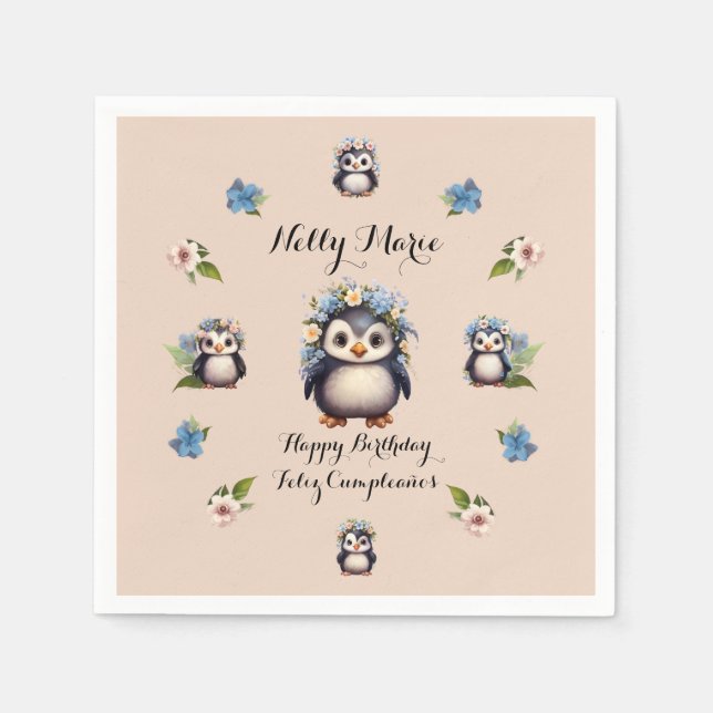 Servilleta De Papel Cute pingüinos nombra texto bilingüe Feliz cumplea (Anverso)