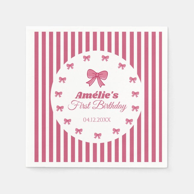 Servilleta De Papel Cute Pink Bow Girl First Birthday  (Anverso)
