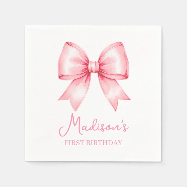 Servilleta De Papel Cute Pink Bow Girl First Birthday (Anverso)