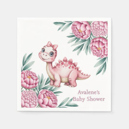 Servilleta De Papel Cute Pink Dinosaur and Peony Baby Shower