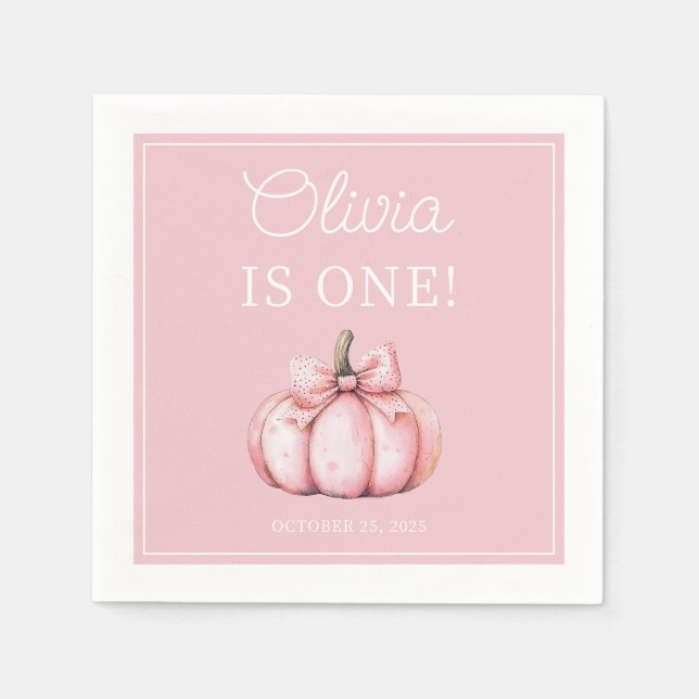 Servilleta De Papel Cute Pink Pumpkin Baby Girl 1st Birthday (Anverso)