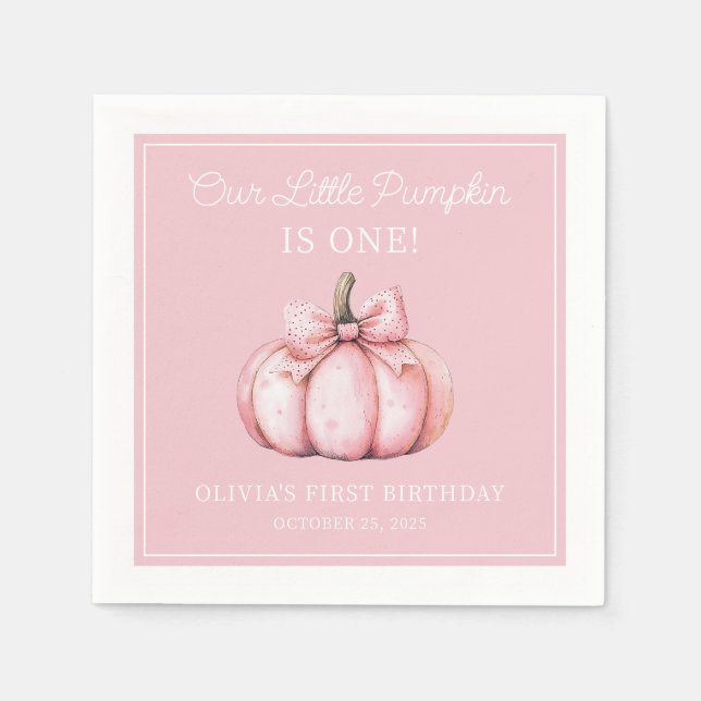 Servilleta De Papel Cute Pink Pumpkin Girl Baby First Birthday (Anverso)