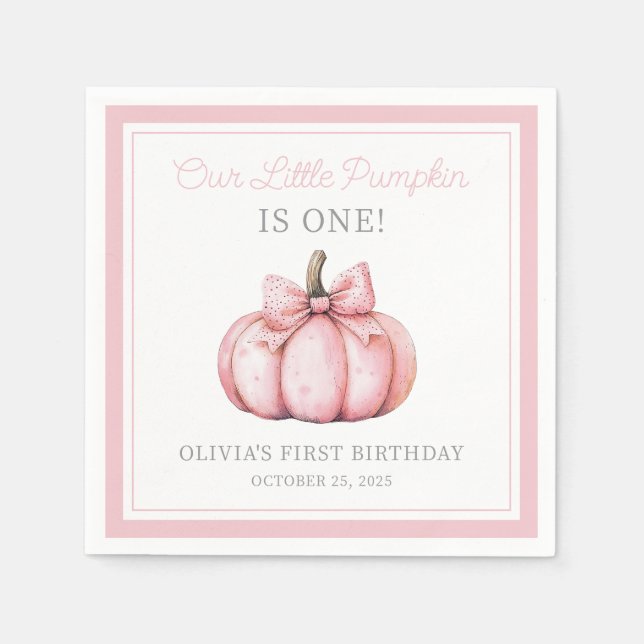 Servilleta De Papel Cute Pink Pumpkin Girl Baby First Birthday (Anverso)