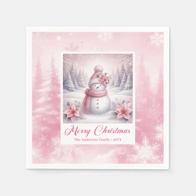 Servilleta De Papel Cute Pink Snowman Christmas Napkin Winter Scene (Anverso)