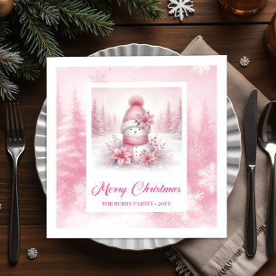 Servilleta De Papel Cute Pink Snowman Watercolor Escena Invernal Pinkm