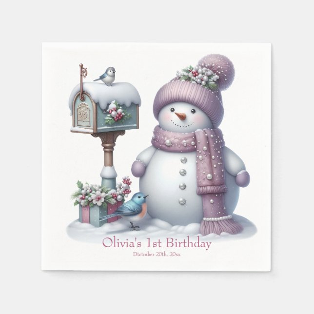 Servilleta De Papel Cute Pink Snowman Winter Birthday (Anverso)
