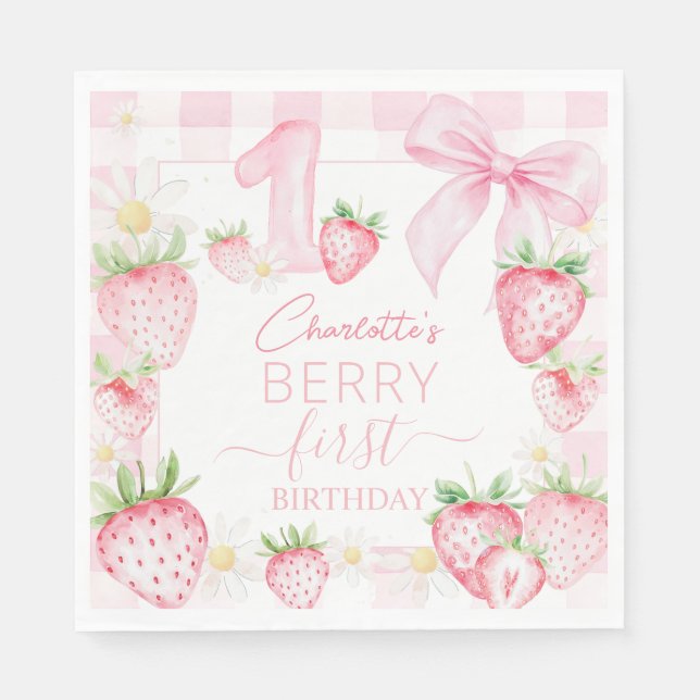 Servilleta De Papel Cute Pink Strawberries Berry First 1st Birthday (Anverso)