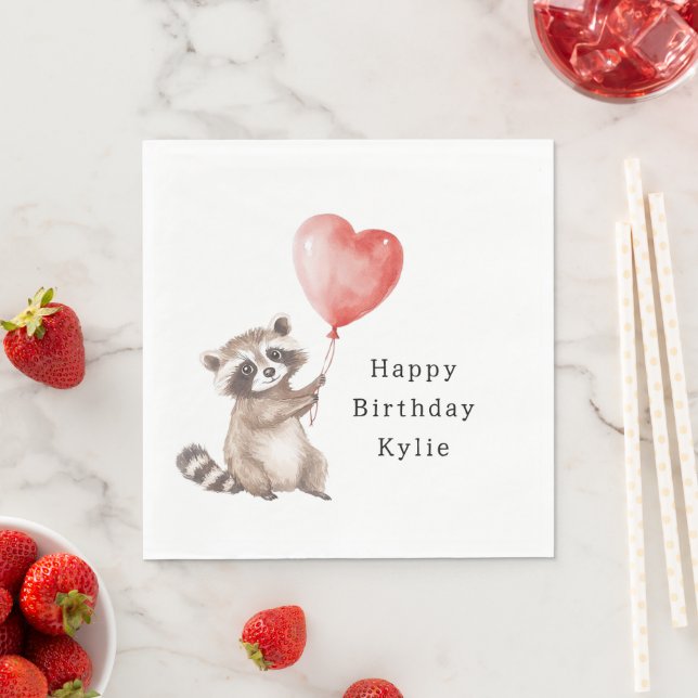 Servilleta De Papel Cute Raccoon Animal Heart Balloon Birthday (In situ)
