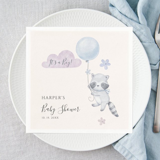 Servilleta De Papel Cute Raccoon Flying Balloon Boy Baby Shower (Subido por el creador)