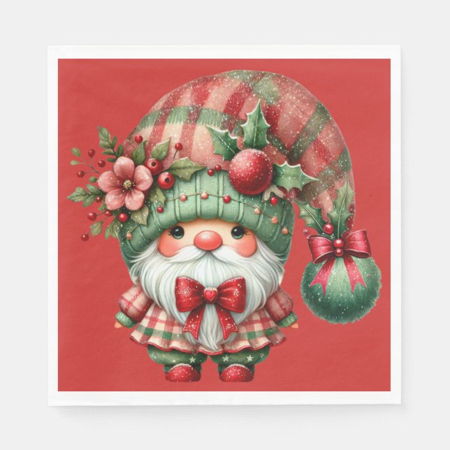 SERVILLETA DE PAPEL CUTE RED AND GREEN HOLIDAY CHRISTMAS GNOME (Anverso)