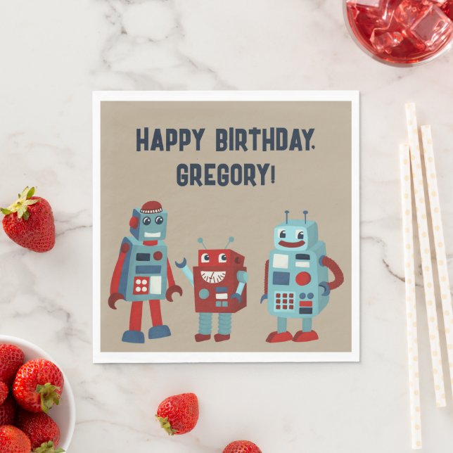 Servilleta De Papel Cute Retro Robots Sci-Fi Boys Cumpleaños (In situ)