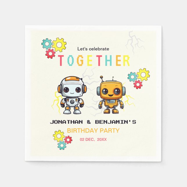 Servilleta De Papel Cute Robots Niños Juntos Cumpleaños Conjunto (Anverso)