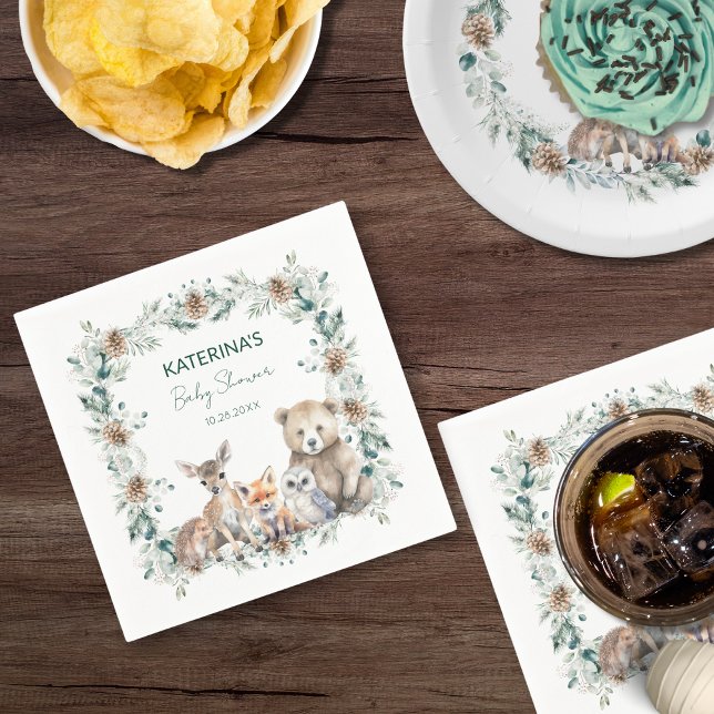 Servilleta De Papel Cute Rustic Winter Woodland Animals Baby Shower (These cute, rustic napkins are perfect for a woodland animal baby shower theme.)