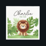 Servilleta De Papel Cute Safari Lion Birthday<br><div class="desc">Celebrate your little one's birthday with this adorable safari-themed! Featuring a hand-drawn watercolor lion surrounded by lush jungle leaves,  this charming design is perfect for a fun and wild birthday party. Personalize with your event details and make your child's special day unforgettable!</div>