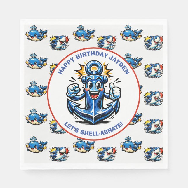 Servilleta De Papel Cute Shark, Whale and Anchor Boy's Birthday (Anverso)