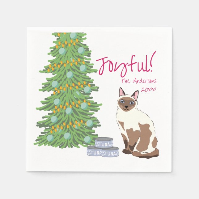 Servilleta De Papel Cute Siamese Cat with Tuna Christmas Joyful (Anverso)