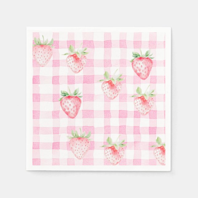 Servilleta De Papel Cute Strawberry Berry Pink Gingham Brithday (Anverso)
