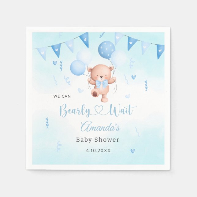 Servilleta De Papel Cute Teady Baby Bear acuarela Boho Blue Balloons (Anverso)
