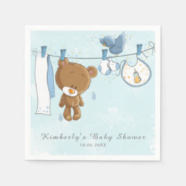 Servilleta De Papel Cute Teddy Bear Blue Clothesline Baby Shower