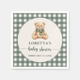 Servilleta De Papel Cute Teddy Bear Rustic Green Plaid Baby Shower 