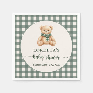 Servilleta De Papel Cute Teddy Bear Rustic Green Plaid Baby Shower 
